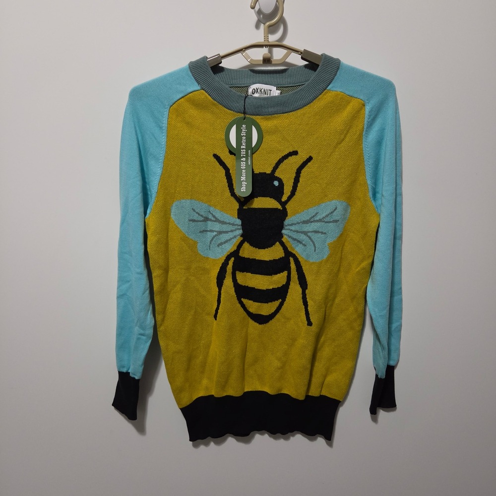 OXKNIT Retro Bee Graphic Sweater XL Yellow Blue Cotton Knit Pullover Artsy NEW